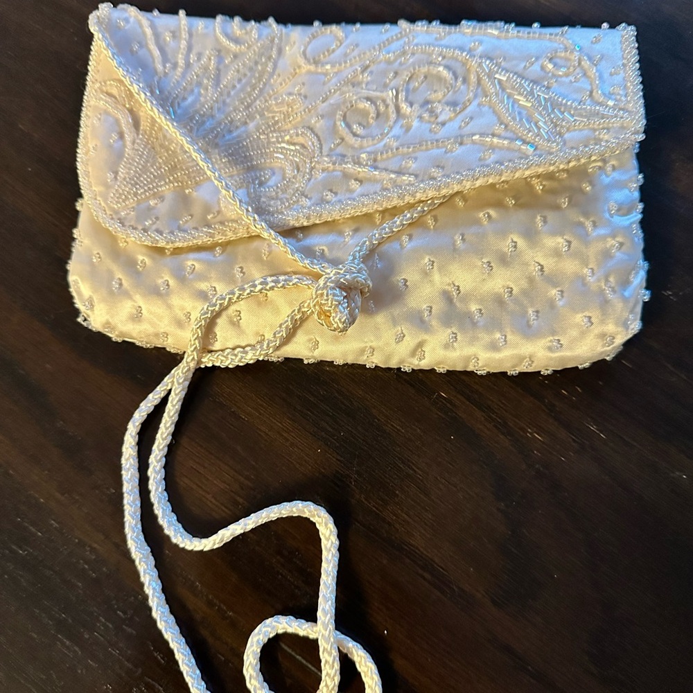 Coloriffics Cream Sateen Evening Bag Seed Beads Long Strap Small Vt